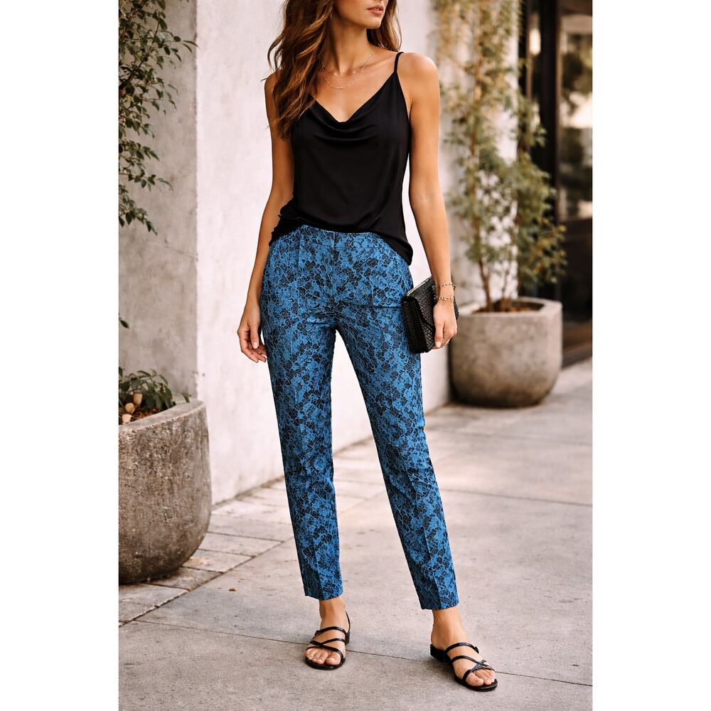 OHM Lace Cigarette Pants Womens Blue Pull On Slim Leg Textured Statement